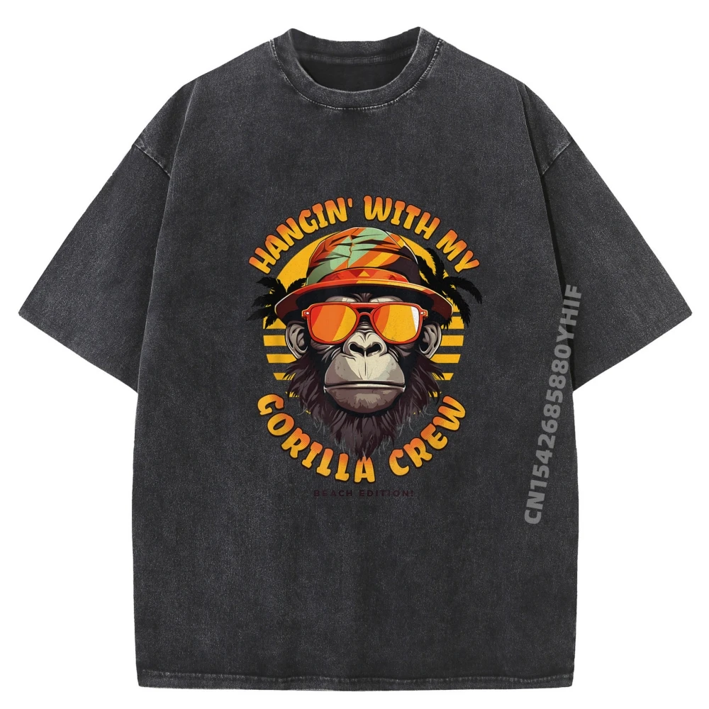 

Hangin With My Monkey Crew Funny Summer Beach Edition Men Clothing Meme Tshirt Retro Washed Graphic Shirt