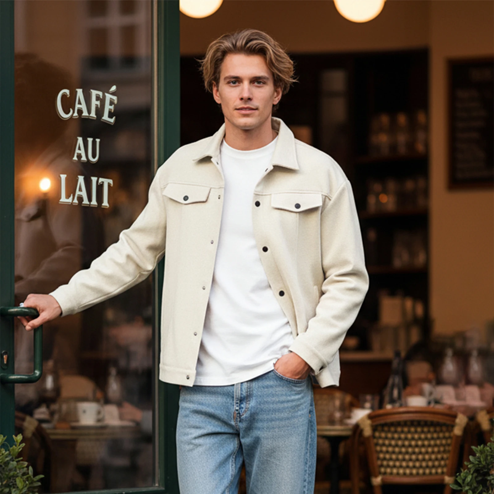 

Мужское осенне-зимнее шерстяное пальто с длинным рукавом и отложным воротником, однотонная куртка на кнопках