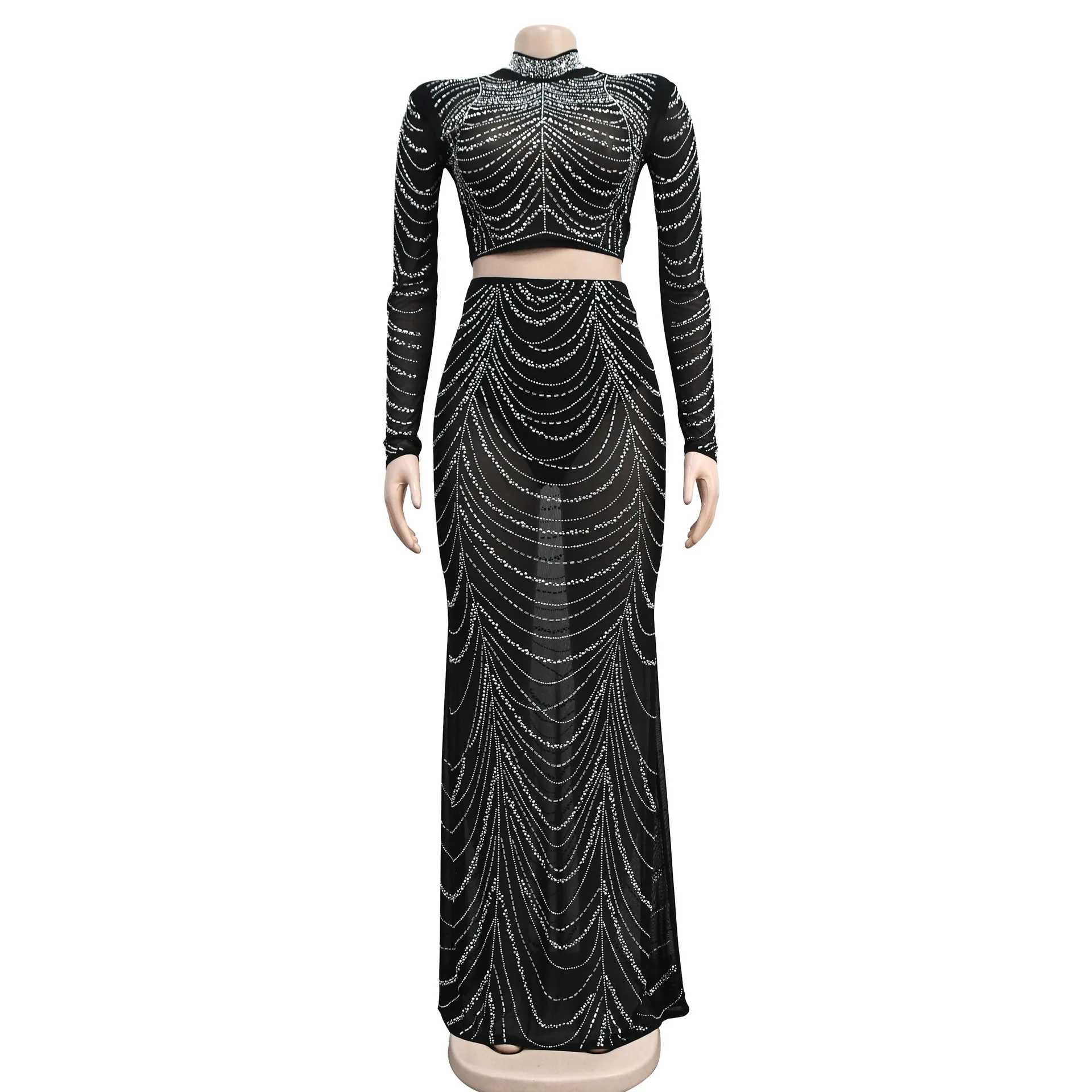 Conjunto de maxivestido de lujo con diamantes de imitación para mujer, ropa elegante de malla transparente, ajustado, Sexy, para fiesta de