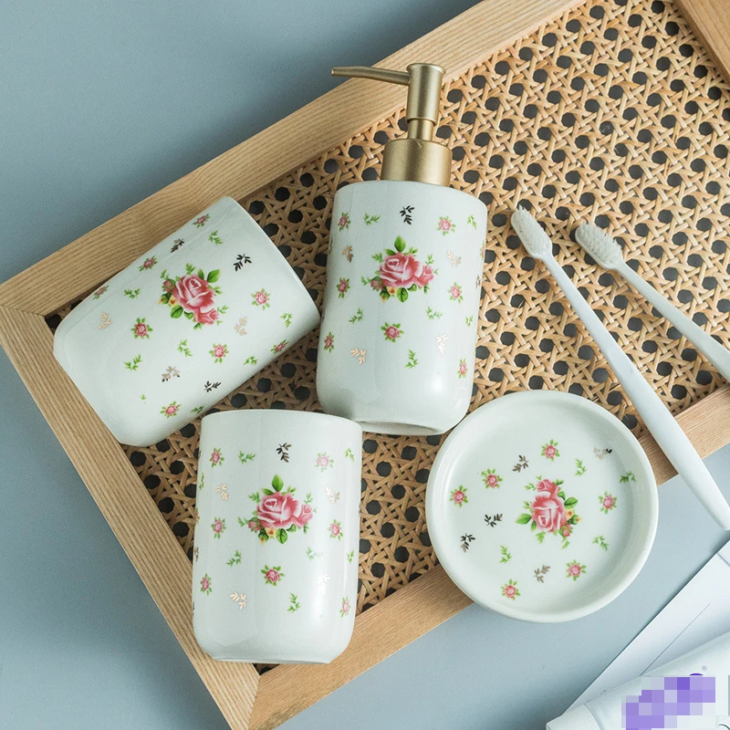 Rose Patterned Bathroom Ceramic Toiletries Set Bathroom Accessories Set Housewarming Gift Lotion Bottle Mouthwash Cup Soap Dish