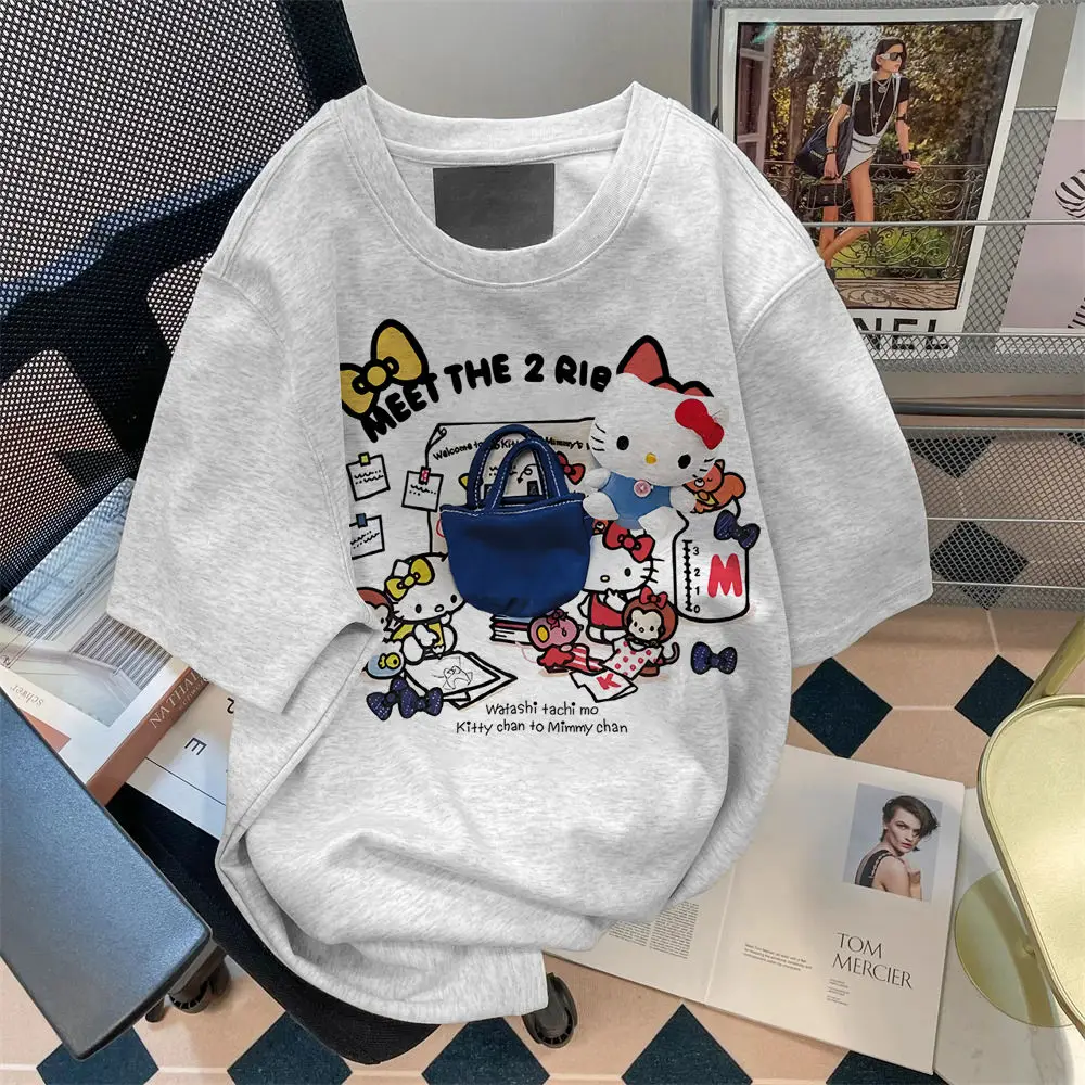 2024 Hello Kitty Sanrio T-shirt Kawaii Cartoon Print Cotton Tops O-neck Oversized Shirts Streetwear Splicing Top Women Clothing