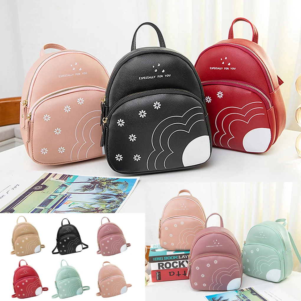 Women Mini Backpack Casual Flower Print PU Leather Solid Color Phone Cosmetic Organizer Girls Bag for Camping Travel