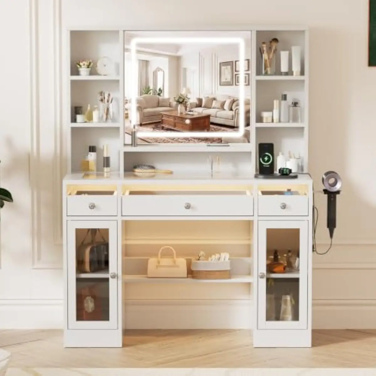 43.3 inch white contemporary vanity desk with tempered glass surface acrylic doors smart LED mirror 3 lighting modes stepless di