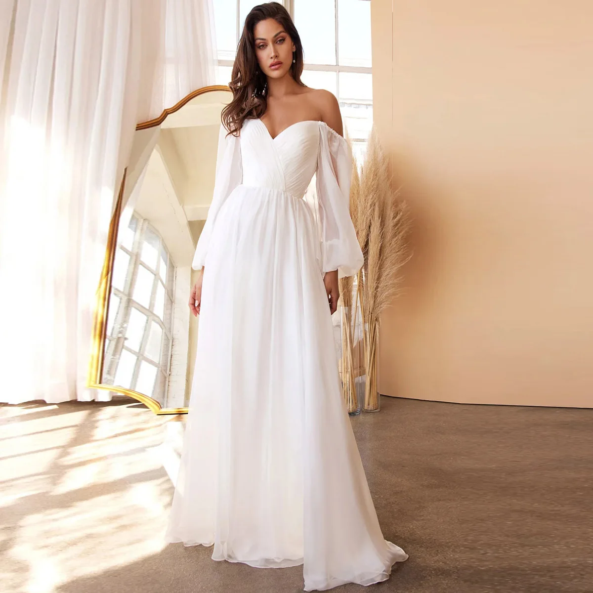 Off The Shoulder Prom Dress Long Sleeve Backless White Tulle Wedding Party Robe Classic Women Formal Dress Shining Evening Gowns