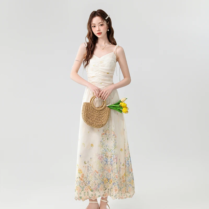 

Coigarsam Women One Piece Korean Dress Summer New French Style Embroidery Print Spaghetti Strap High Waist V-Neck Long Dresses