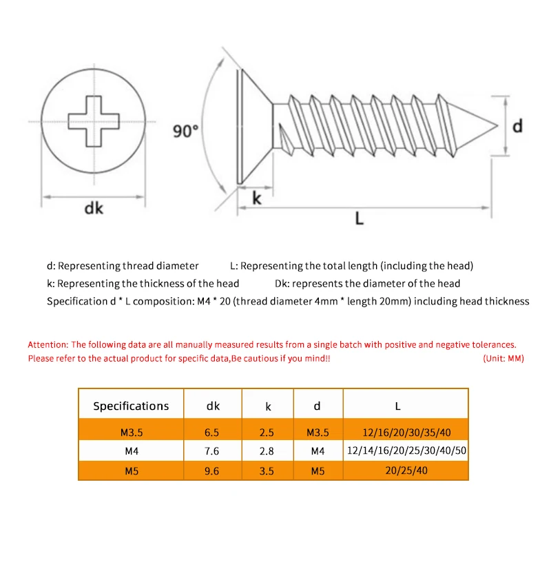 M3.5 M4 M5 Wood Self Tapping Screws for Woodworking Countersunk Head Phillips Self-tapping Screw Color Zinc Carbon Steel Box Kit