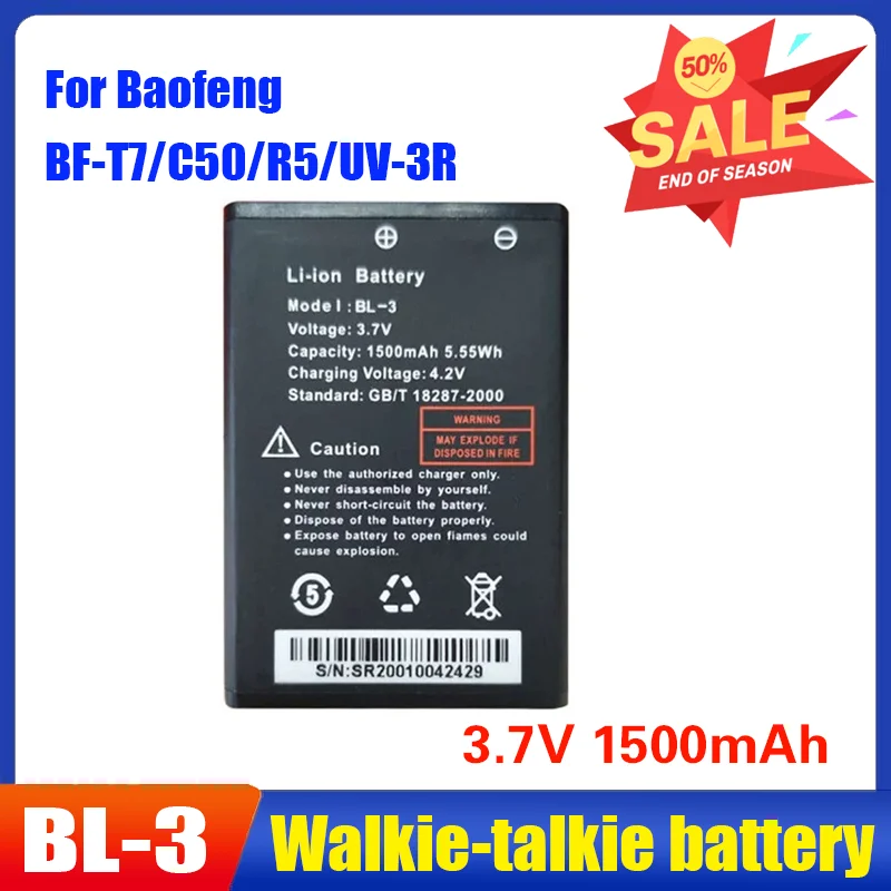 For Baofeng UV-3R Walkie Talkie BL-3 Lithium Battery R5 U3 C50 BL-3 BF-T7 Linglong Lightweight Version Applicable Batteries