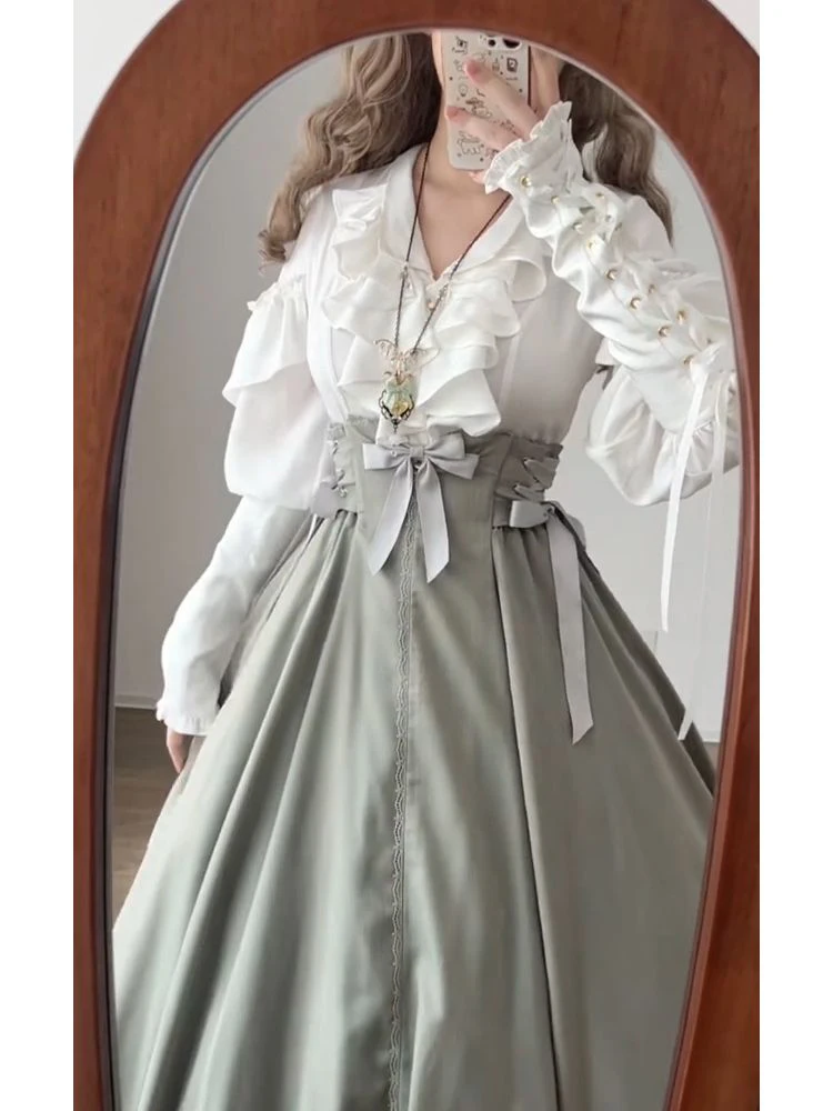 Retro Court Style Heavy Work Long Sleeve White Shirt Women Early Autumn 2026 New Waist Cinching Slimming Long Skirt Set