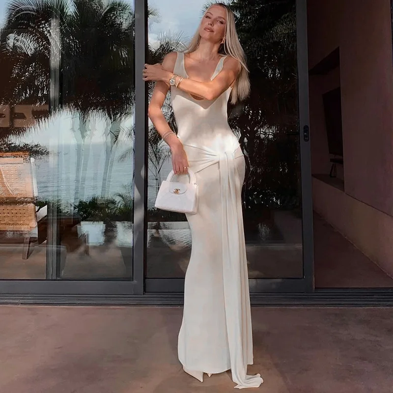 

New sexy deep V solid color perspective sleeveless splicing streamer long dress party sexy temperament elegant high-end clothing
