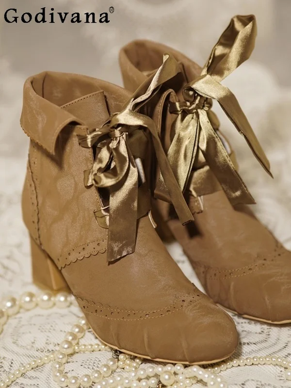

Autumn Winter New Japanese Original Lolita High Heels Round Toe Thick Heel Elegant Lady Cla Style Retro Versatile Short Boots