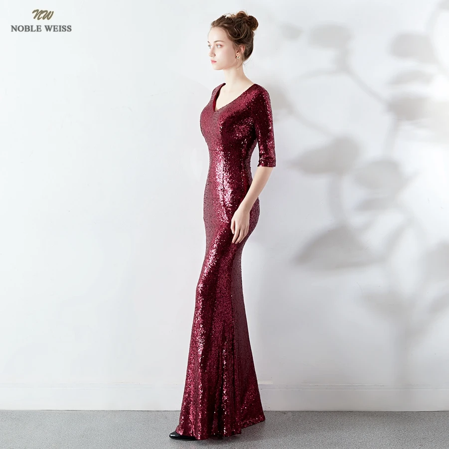 Long Evening Dresses Sequined Mermaid Evening Gowns Sexy V-Neck Women Formal Dresses With Half Sleeves Customized