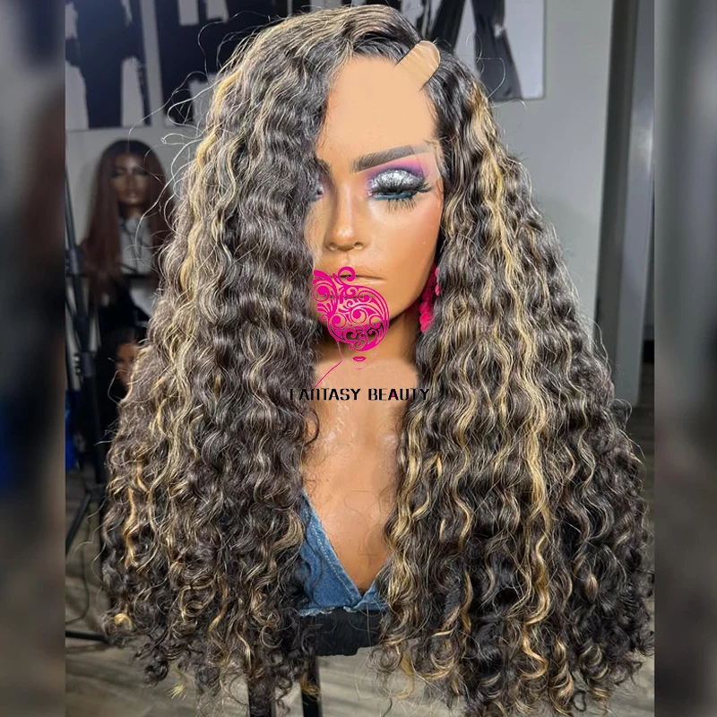 

Full 100%Human Hair 1x4 Left Side Part Brazilian Remy Hair Black Women Wigs Highlight Ashy Brown Deep Curly Glueless U Part Wigs