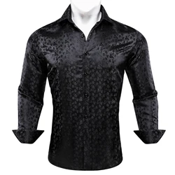 Mens Shirts Black Floral  Embroidered Long Sleeve Slim Causal Turn Down Breathable Colorfast Men Clothing Tops