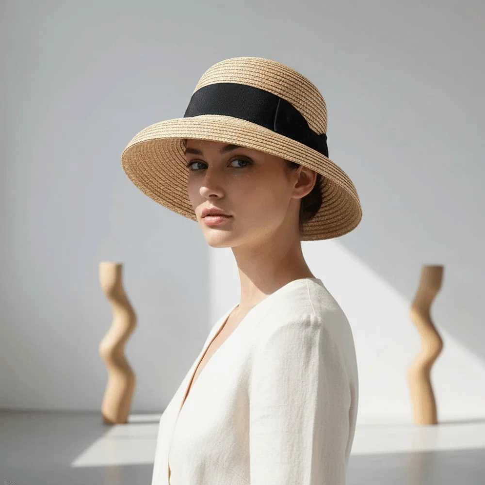 High-Density Weave Wheat Straw Cloche Grosgrain Ribbon Trim Breathable French Style Sun Hat Retainable Shape Lightweight Comfort