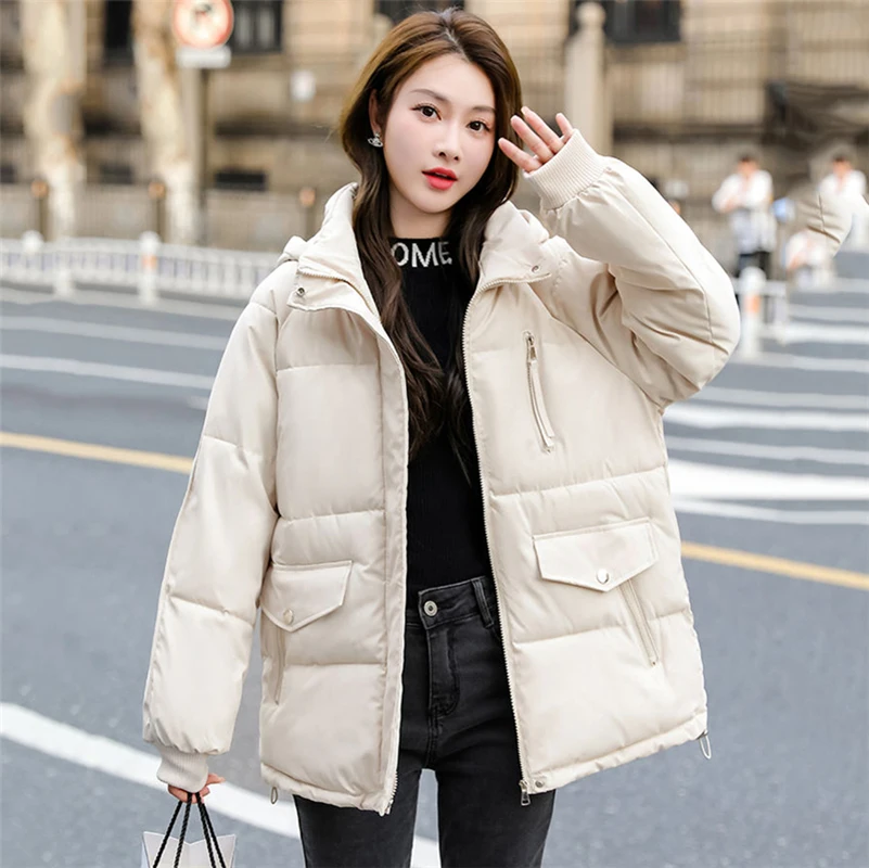 Winter Mid-Long Down Cotton Jacket Women 2023 New Loose Stand-Up Collar Hooded Coat Pure Colour Outerwear Parka Overcoat Female