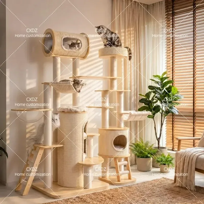 Large Multi Layer Cat Climbing Frame Solid Wood Cat Tree with Nest Luxury Big Cat Tower Four Season Universal for Multiple
