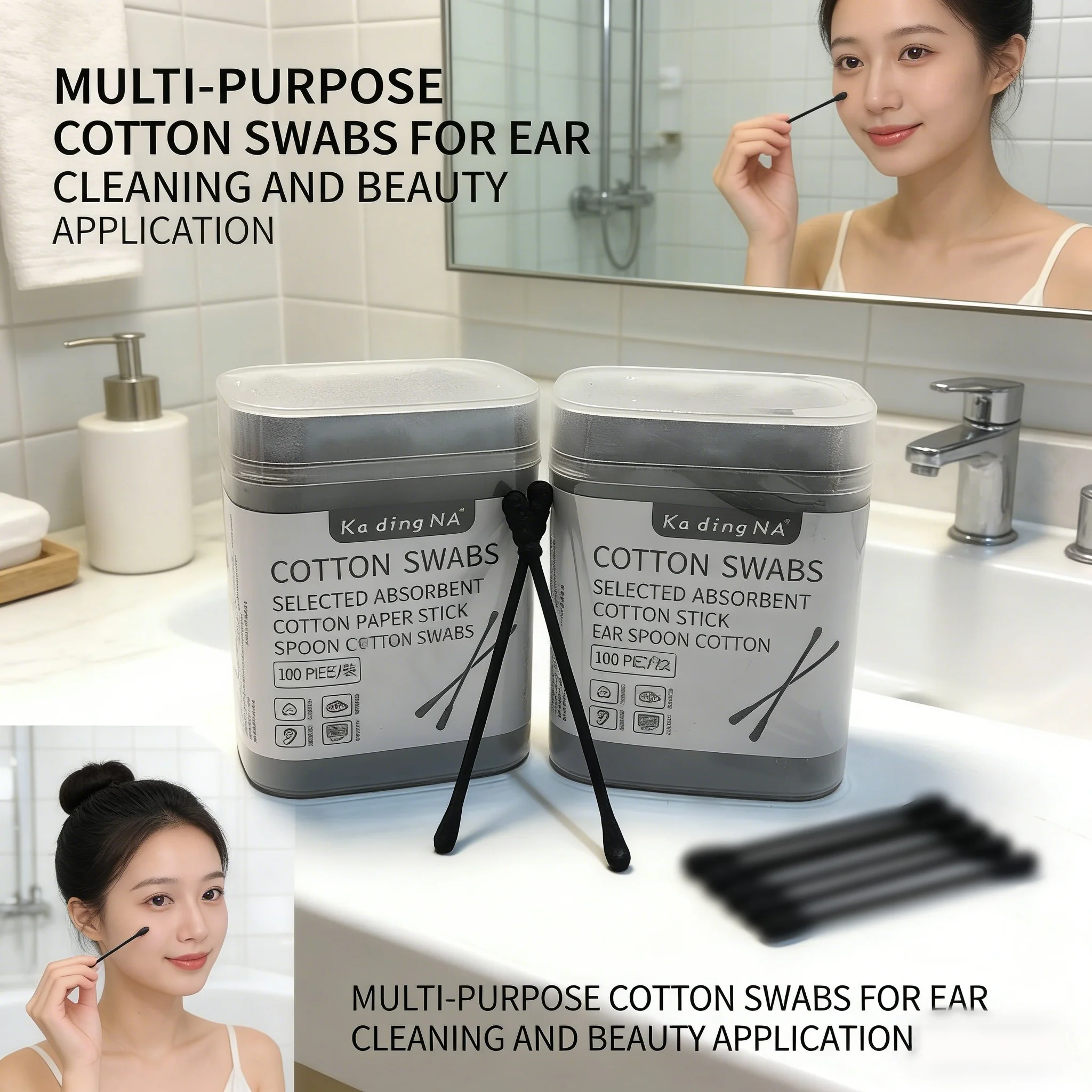 200 pieces of black double-ended cotton swabs with thread and ear scoops for cleaning ear canals and applying makeup.