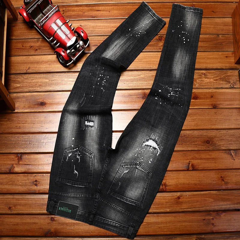 Street Motorcycle Men's Jeans2024New Slim Fit Feet Stretch Hole & Patch Personalized Washed All-Matching Long Pants