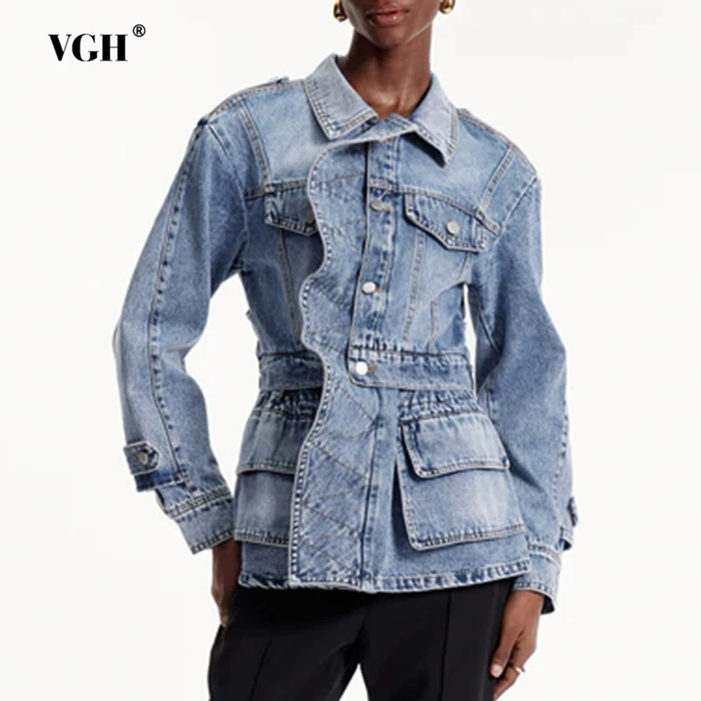 VGH Casual Ruffle Solid Denim Jackets For Women Lapel Long Sleeve Spliced Button Spring Temperament Jacket Female Fashion New
