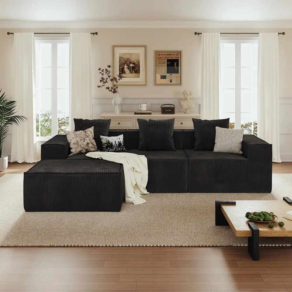 

Sectional Couches for Living Room, 3 Seat Grey Corduroy Convertible Boneless Couches Sofa Bed with Pillows, Home Sofa Living Ro
