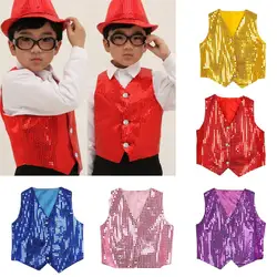 Kids Glittery Sequins Dance Wear Vest Waistcoat Children Boys Girls Vest Hip-hop Jazz Stage Performance Dance T-Shirt Dancewear