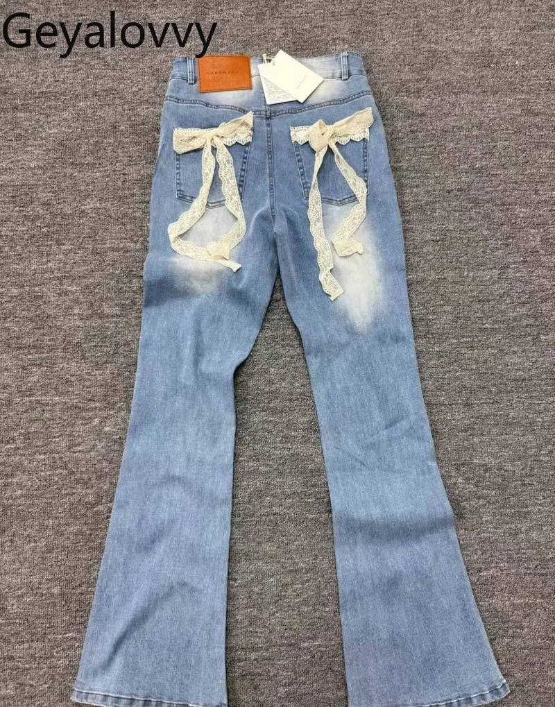 

Spring and Summer New High-waisted Blue Denim Micro-flared Pants Sweet Girls Versatile Bow Flare Jeans Trousers for Women