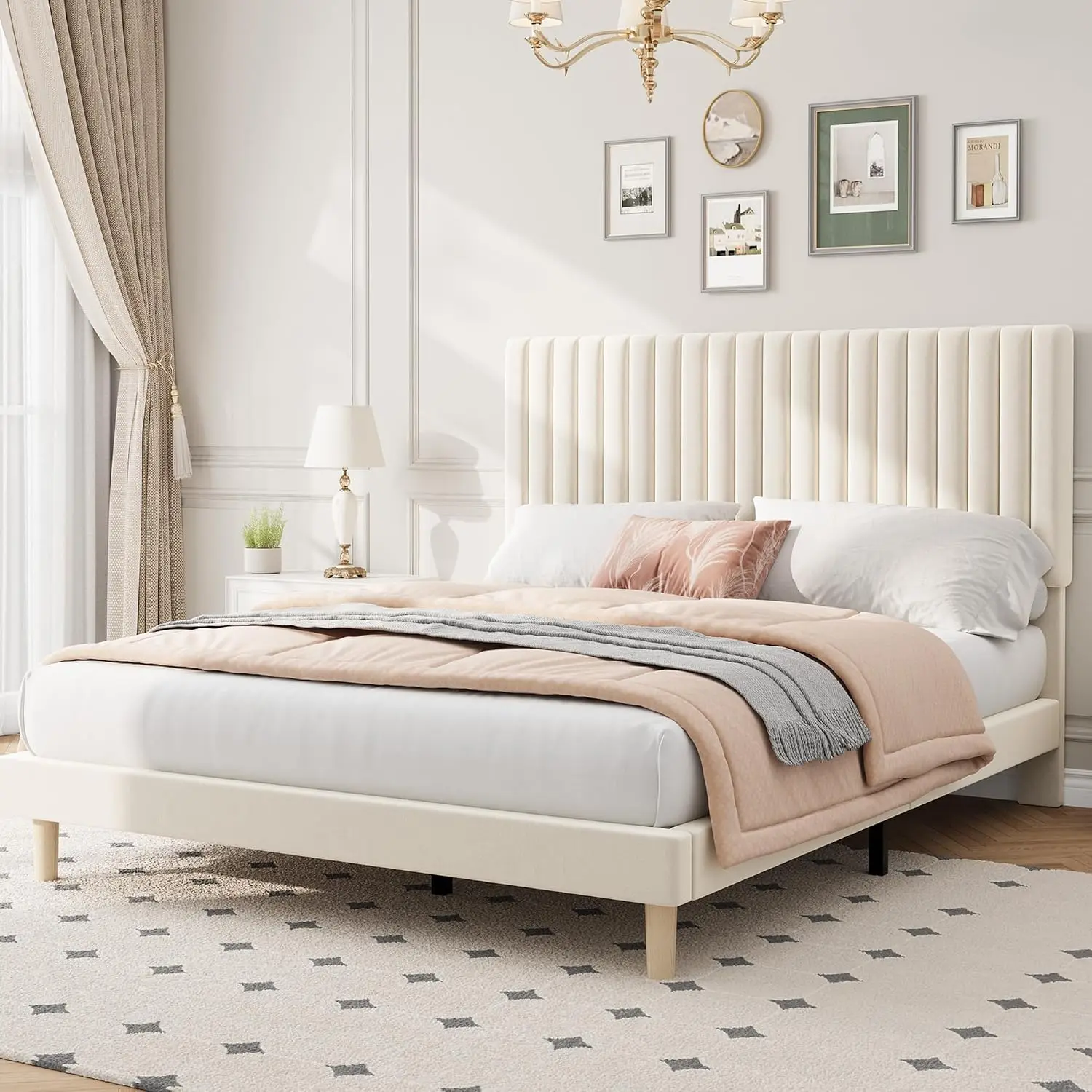 Queen Bed Frame with Adjustable Headboard, Velvet Upholstered Platform Bed