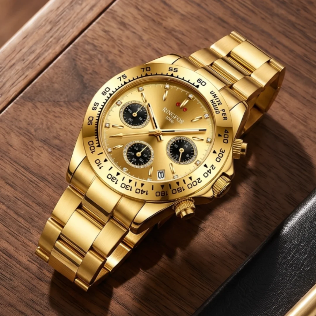 Men’s Quartz Wristwatch, High-Quality Stainless Steel Strap, Gold-Coloured Dial, Sporty Style, Ideal as a Gift for Men