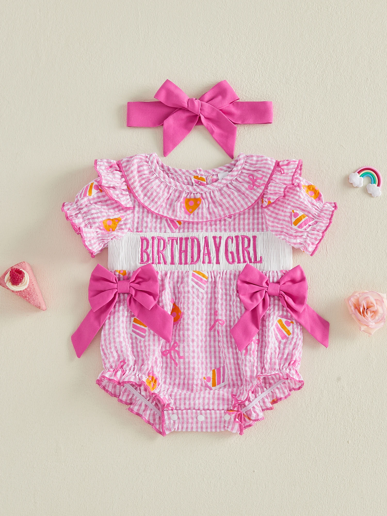 

Infant Girl Clothing Set Adorable Short Sleeve Plaid Bodysuit with Embroidered Letters and Matching Headband for First
