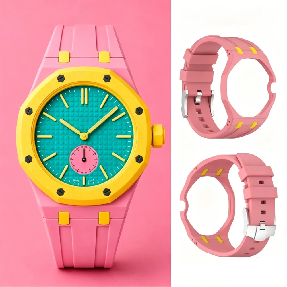 TPU Watch Band + Ceramic Bezel for Swatch x AP Royal Pop, Sport Wris Strap with Protective Frame, Replacement Belt Accessories