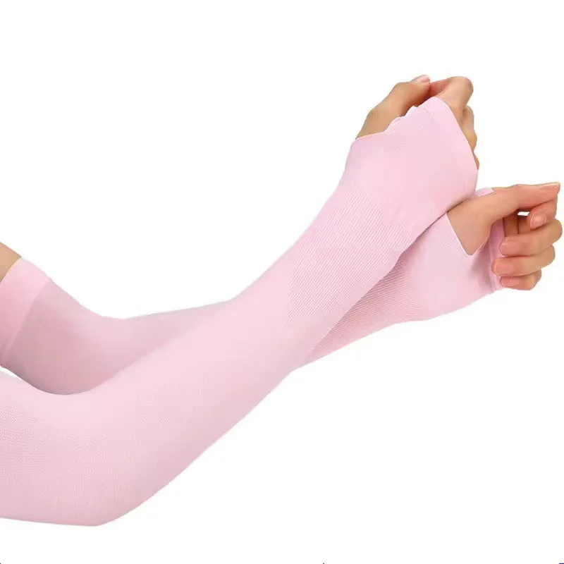1 par de mangas largas de seda de hielo para verano, protección solar UV, cubierta protectora de manos, protector solar para exteriores, conjunto de guantes elásticos de medio dedo