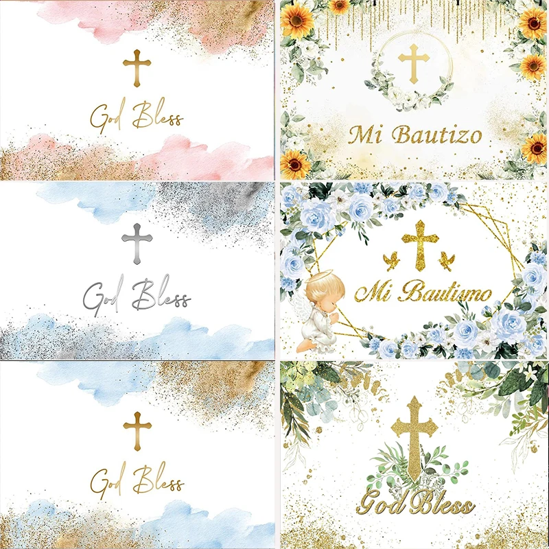 

God Bless Backdrops Girls Baptism Party Banner Girl's First Holy Communion Photo Background Pink Flowers Christening Party Decor