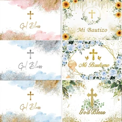 God Bless Backdrops Girls Baptism Party Banner Girl's First Holy Communion Photo Background Pink Flowers Christening Party Decor