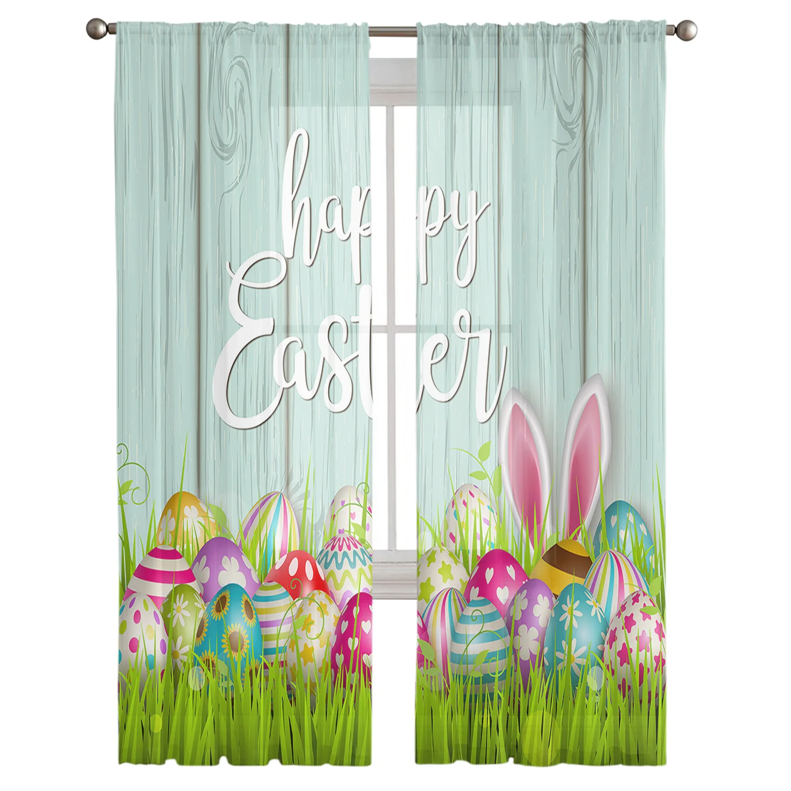 Easter Spring Colored Egg Bunny Sheer Tulle Window Curtains For Living Room Bedroom Kitchen Veiling Curtain Home Decoration