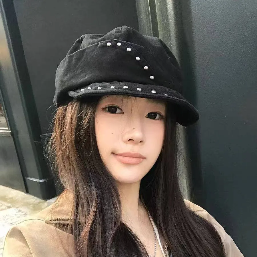 Japanese Retro Studded Irregular Dome Octagonal Hat for Women, Streetwear Newsboy Cap with Rivet, Niche Style for Travel