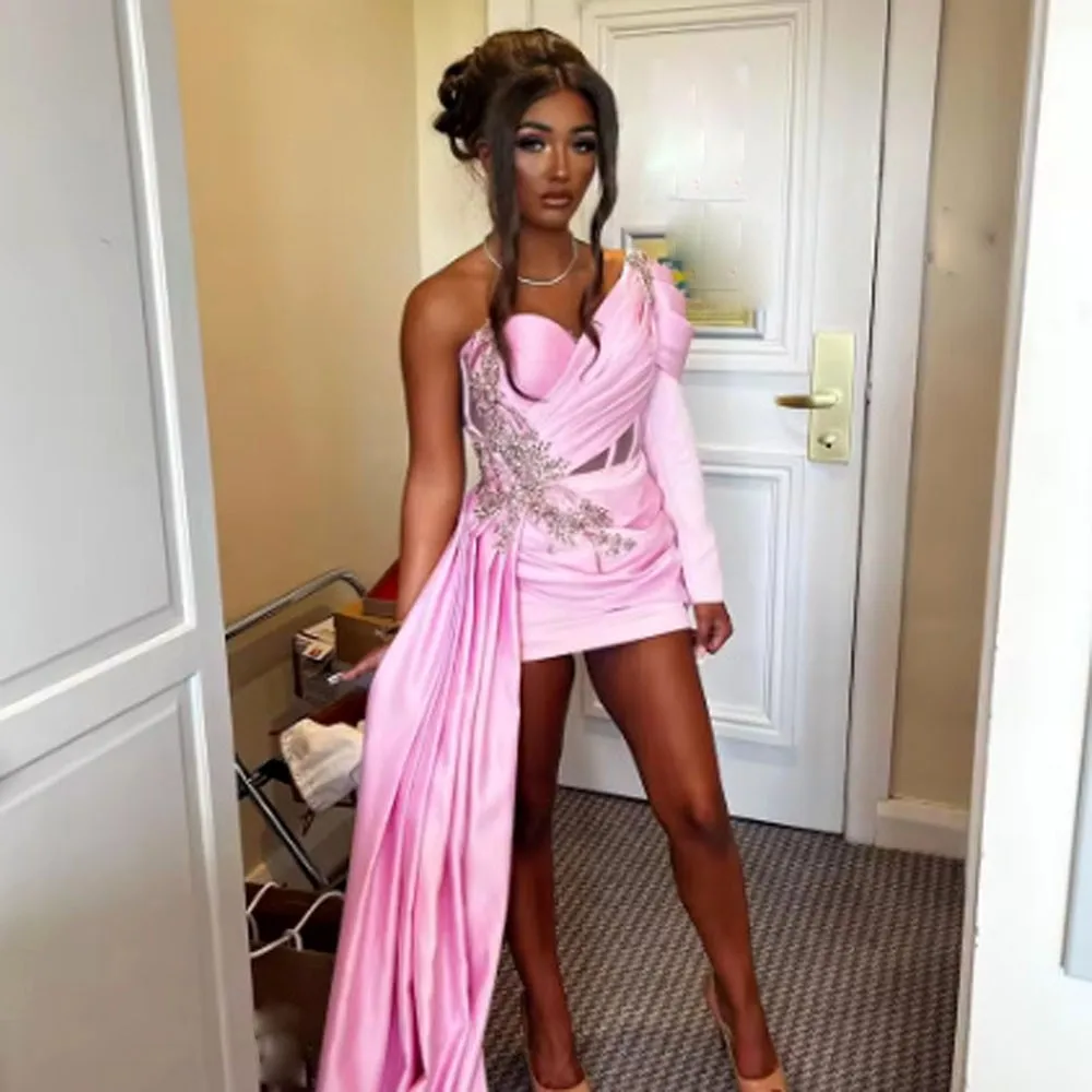 

Pink Mermaid Prom Dress with Side Train Lace Appliques One Shoulder Long Sleeves Sheath Birthday Party Gown for Women Customized
