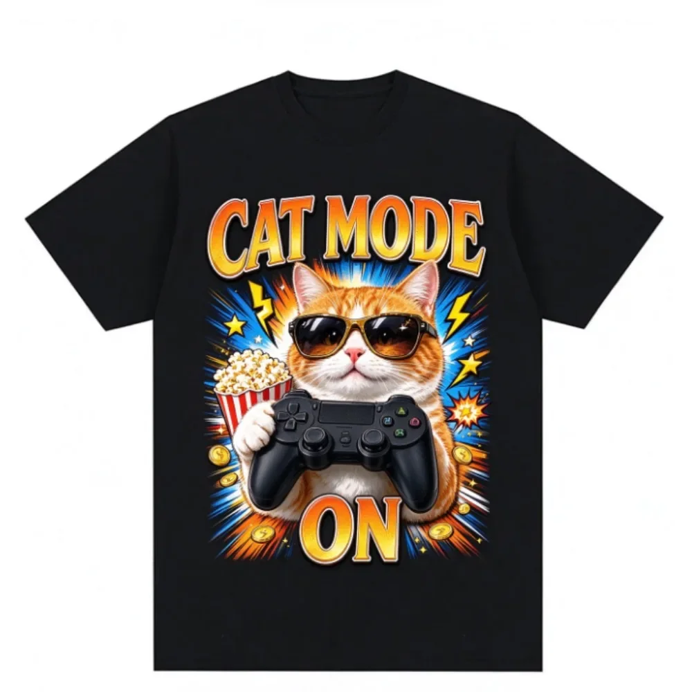 Vintage Style Funny Cat Meme Graphic T Shirt Bold Explosion Background Letter Print Loose Casual Unisex Short Sleeve Tee