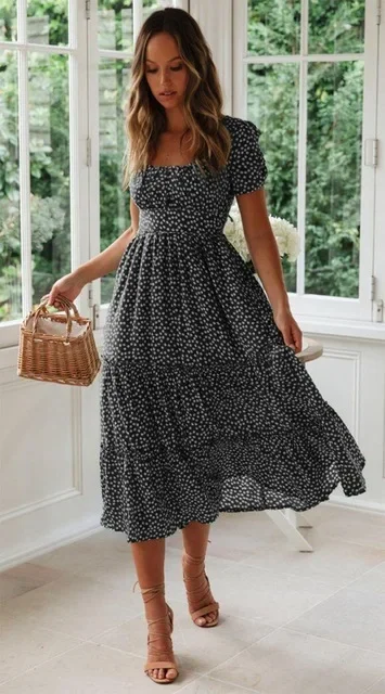 Summer Women\'s Beach Sweet Dresses Vestidos Vintage Print Puff Sleeve Casual Square Collar Floral Female Maxi Long Dress