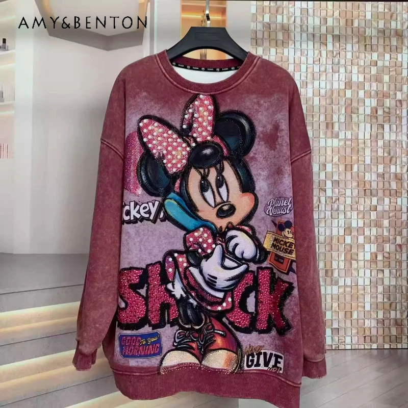 

Autumn Winter Fleece Heavy Industry Rhinestone Cartoon Loose Sweatshirt Fashion Thickened Crew Neck Hoodies Long Sleeve Pullover