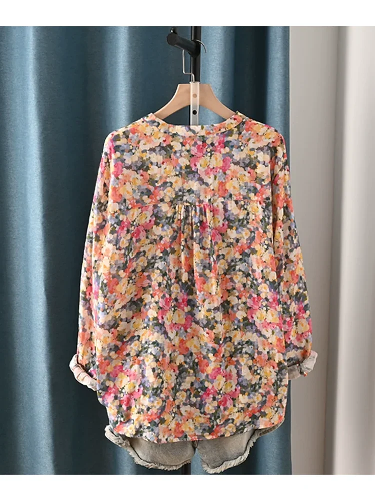 Unique Retro Flowers Print  Long Sleeve V-Neck Cotton Yarn Shirt Blouse  Female 2024 Spring