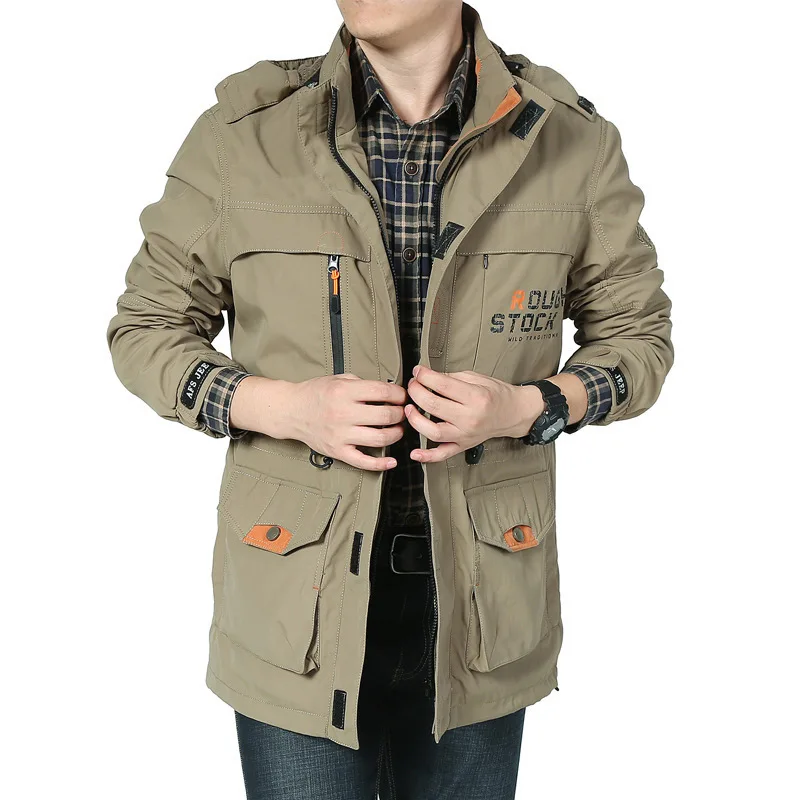 Chaqueta impermeable al aire libre para hombre, abrigo de concha suave con sombrero desmontable, rompevientos transpirable con bolsillo medio y largo, para caza, Otoño, talla grande