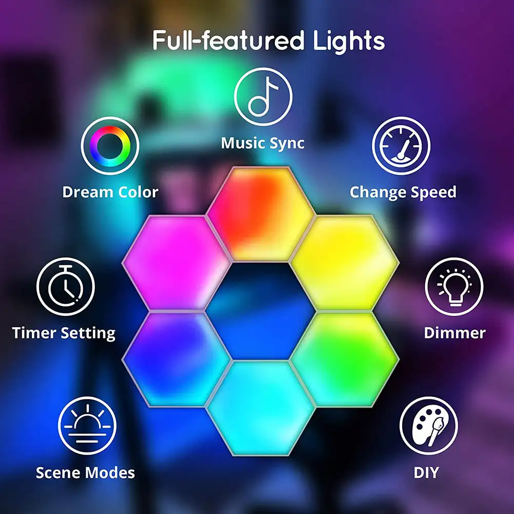 6PCS RGB LED Quantum Hexagon Lamp Touch Sensor Night Light Bedroom Honeycomb Wall Lamps Wireless Control Colorful Light