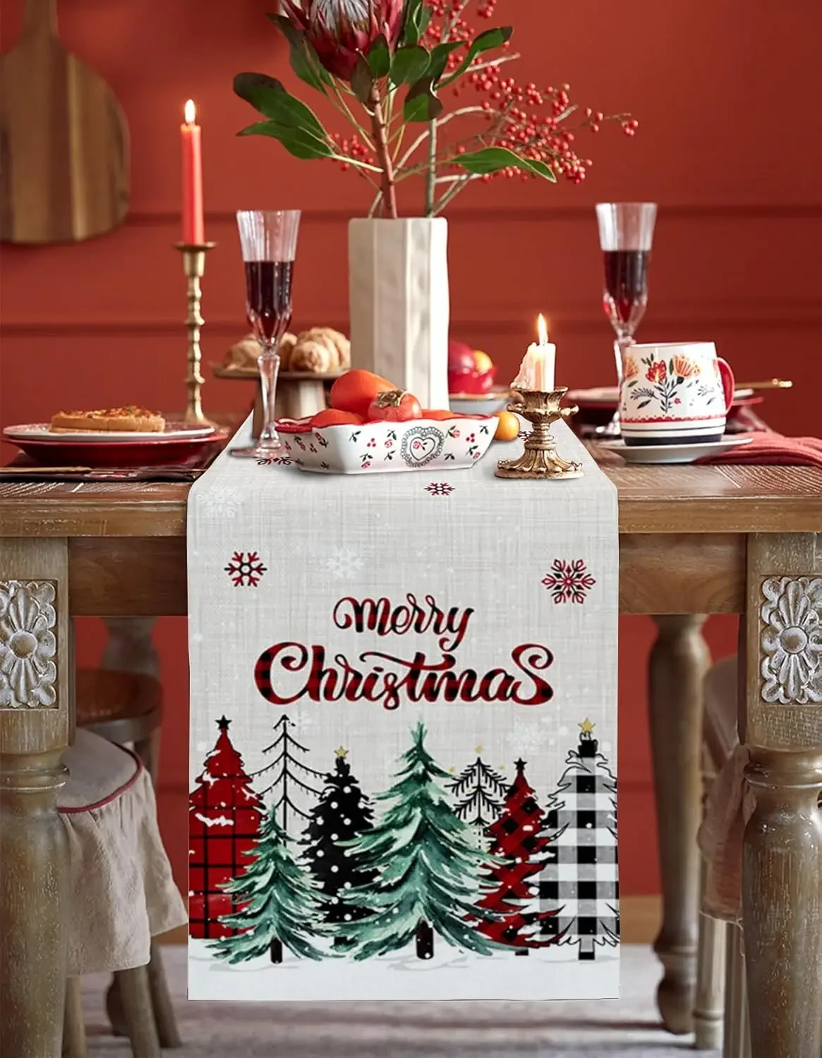 1Pc Christmas Style Table Runner White Snowflake Tree Merry Christmas Print Table Cover For Dining Table Kitchen Desktop Decorat