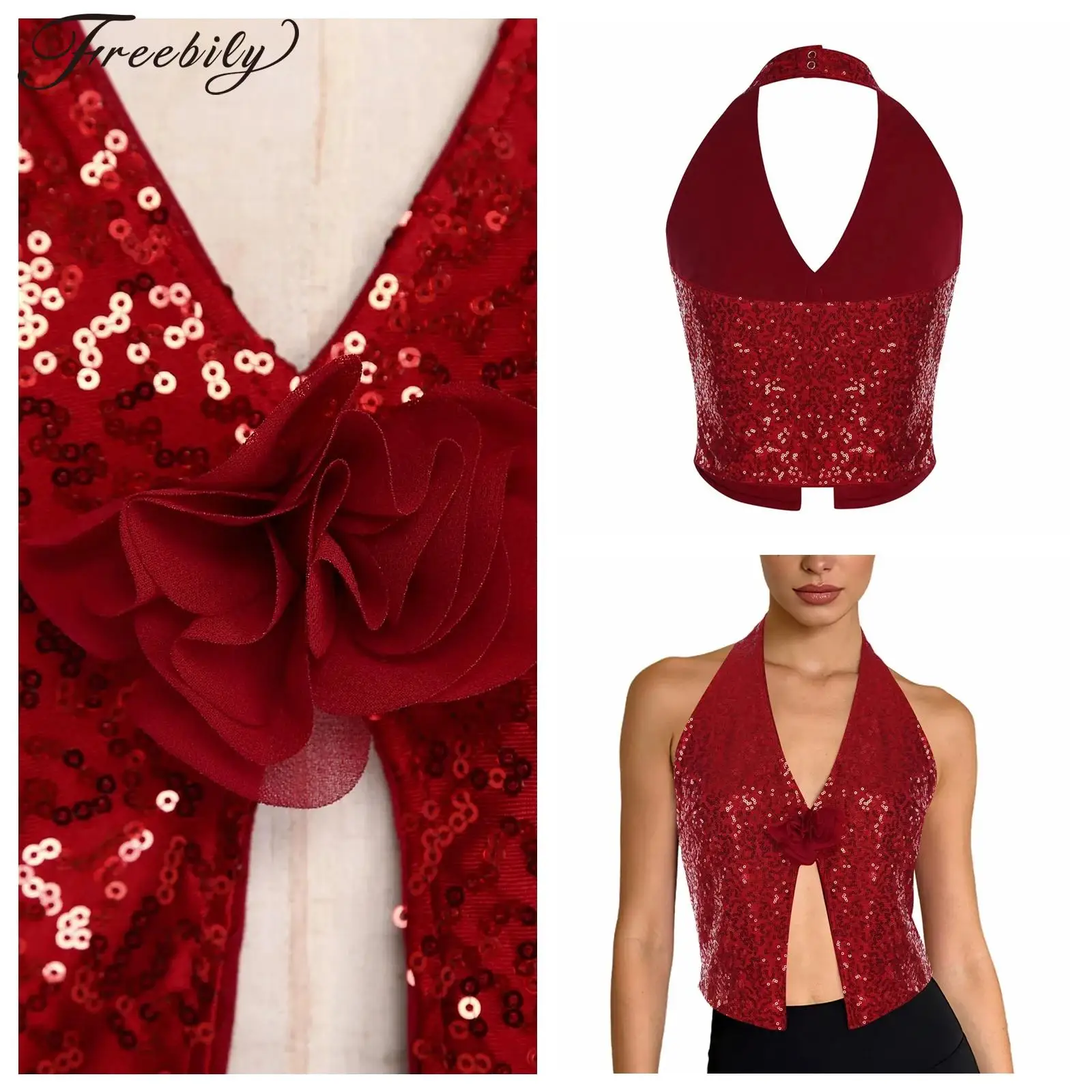 سترات نسائية لامعة رسن سباركلي ترتر بدلة صدرية بلايز بدون أكمام سترة أنيقة للحفلات المسائية زي كوكتيل الهذيان #1