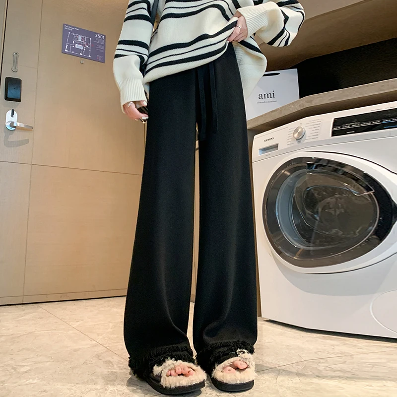 

2024 Women's Autumn Winter New High Waist Casual Knit Pants Female Loose Wide-leg Pant Ladies Solid Color Cashmere Trousers T770