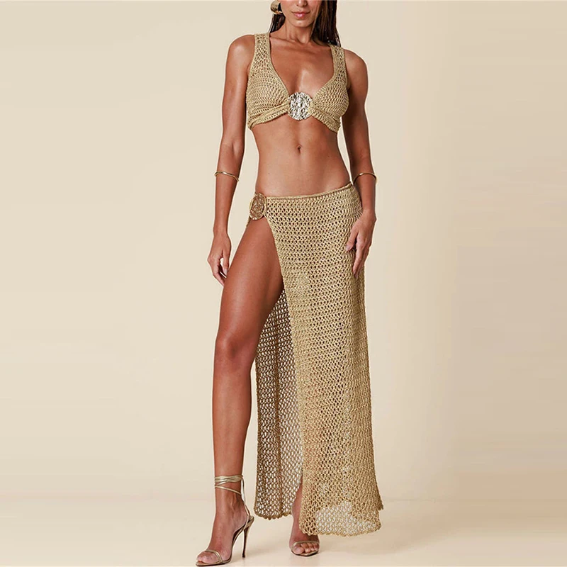 

Women's Casual Sleeveless Hollow Slim Long Skirt Set Fashion Waist Solid Beach Suit Sexy Deep V Low cut Tank Top & Skirt Outfits