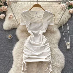 Dress Girls Summer New Square Neck Drawstring Solid Color Fashion Short Sleeved 2024 Simple Elastic Waist Fashion