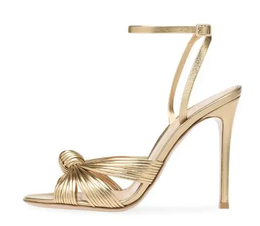 Summer Woman Light Gold Leather Bow Tie Front Open Toe Ankle Strap High Heel Sandals Female Banquet Event Dress Shoes Size 46