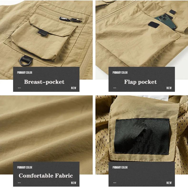 سترة بياقة قائمة متعددة الجيوب للرجال ، صدرية خارجية ، سترة تخييم وصيد الأسماك ، قماش نايلون ، صدريات من الخارج #6