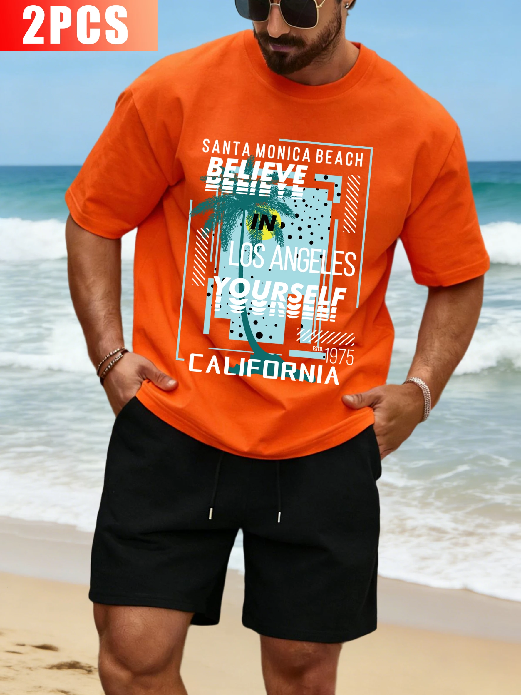 

Santa Monica Beach Find Yourself T-Shirt Suit Men Cotton Summer Tee Drawstring Trendy Shorts Soft Unisex Fashion Streetsuit